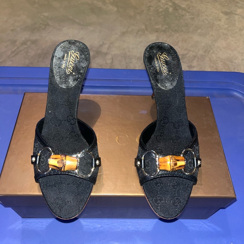 Gucci Black Mules with Gold Hardware